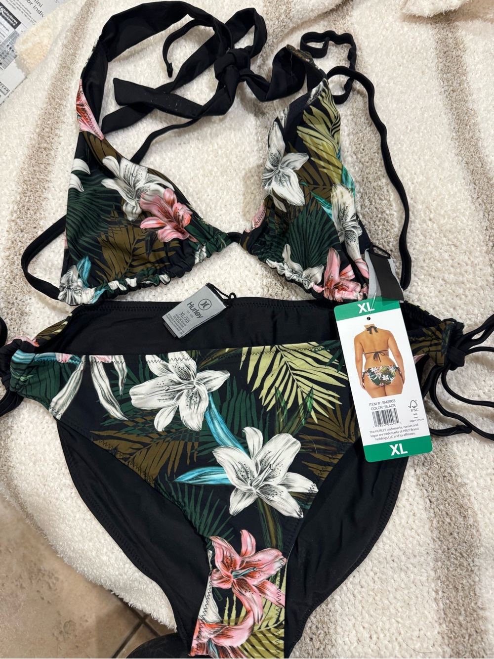 Hurley Black Tropical Floral Tie Bikini Set